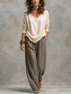 Costanza | Conjunto de Tres Piezas Beige y Gris, Casual en Capas, con Pantalón Palazzo, Elegante 3