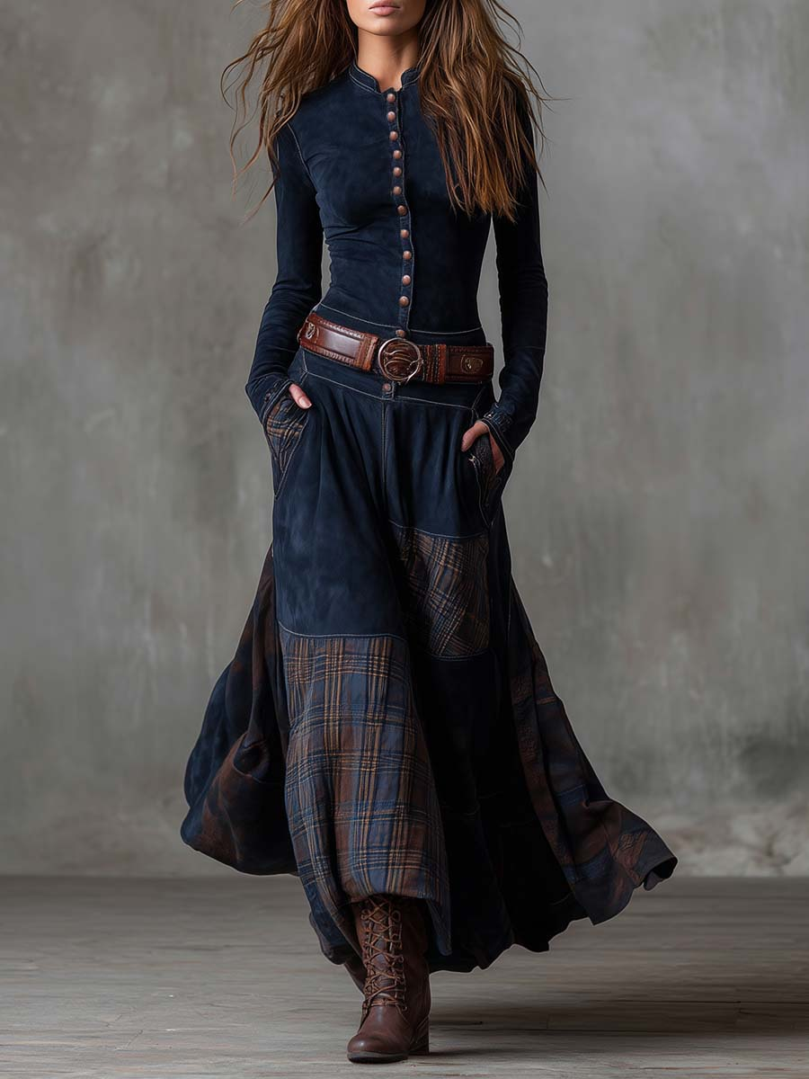 Elise | Vestido largo de efecto ante con cinturón