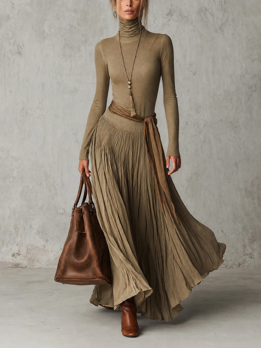Júlia -  Vestido Maxi Plisado Elegante de Cuello Alto y Manga Larga con Lazo en la Cintura