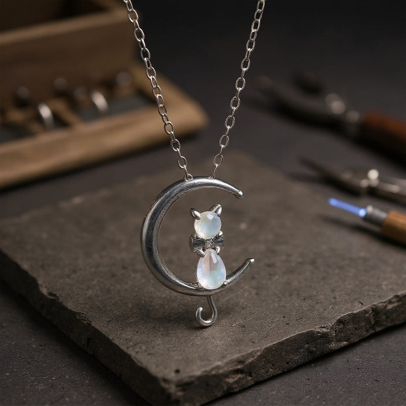 Croissant de lune y Collar de Gato en pierre de lune