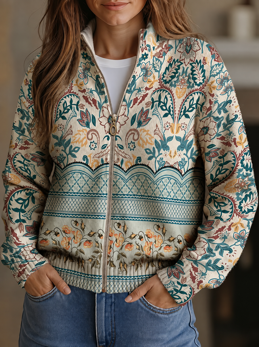 Sybilla™ | Cárdigan con Estampado Floral Botánico Vintage y Ribete