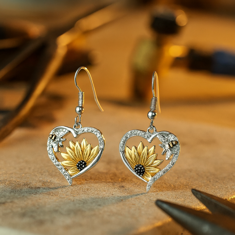Aretes Colgantees Corazón Girasol y Abeja Boho vintage