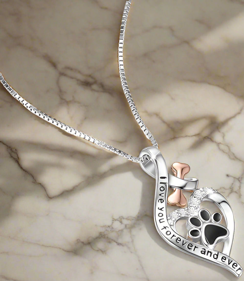 Collar Huella de Perro de la suerte con Corazón, Os y infinito - Colgante Siempre en mi Corazón