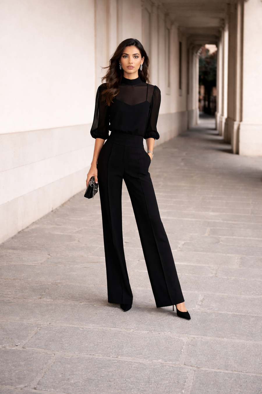 Valentina | Conjunto de tres piezas que incluye una camisola transparente y pantalones de pierna ancha.