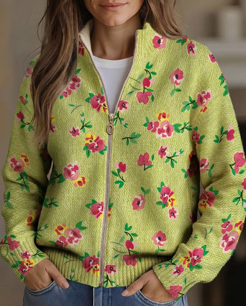 Constance™ | Cárdigan con Cierre y Estampado Floral Rosa sobre Verde Lima