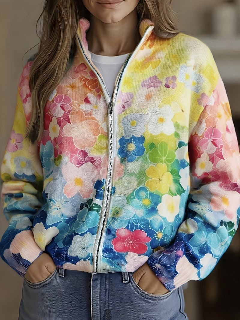 Augusta™ | Cárdigan con Cierre y Estampado Floral Degradado en Acuarela