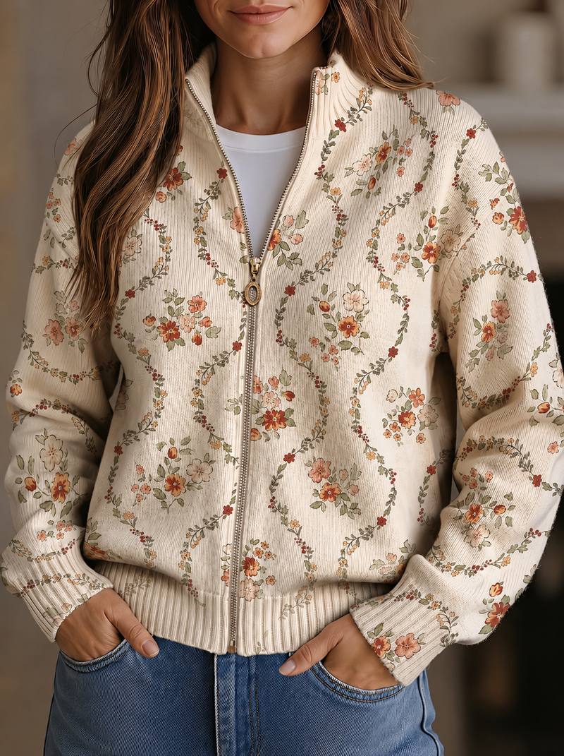 Persephone™ | Cárdigan con Estampado Floral Delicado de Enredadera en Crema