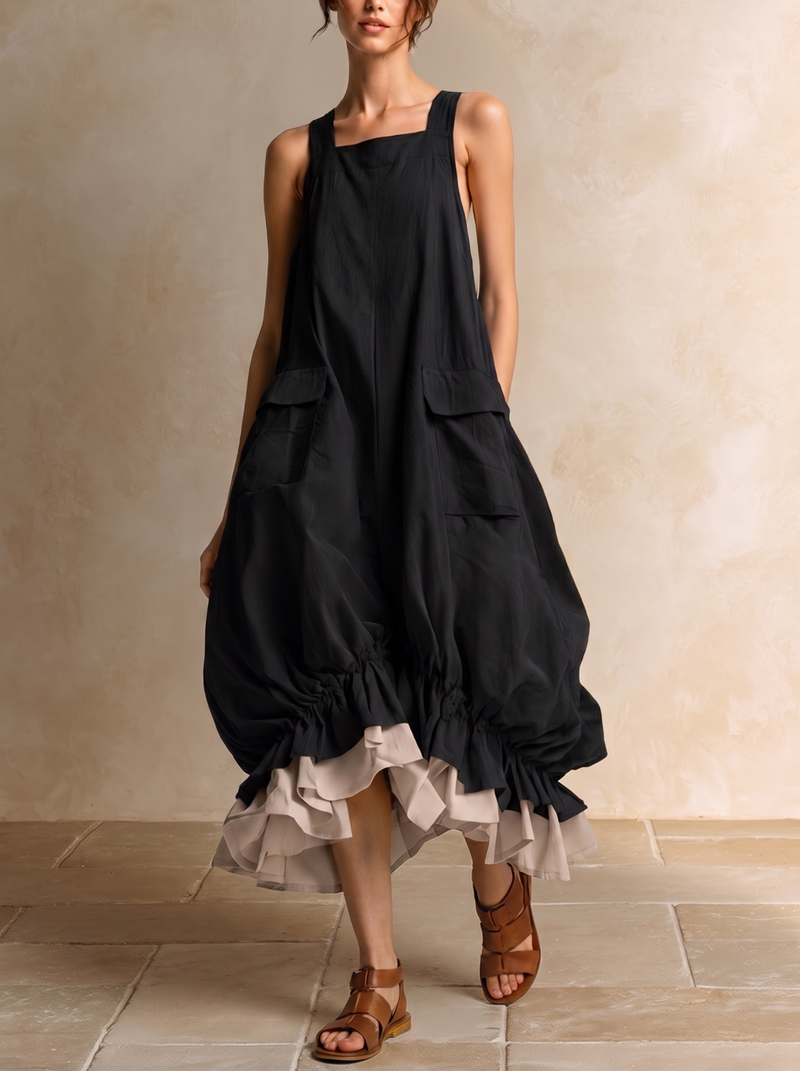 Daniela | Vestido Midi Globo Sin Mangas con Grandes Bolsillos, Capas y Bajo de Volantes