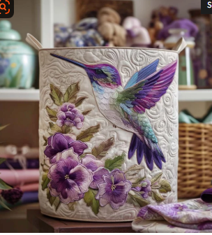 Cesto acolchado con colibrí entre flores