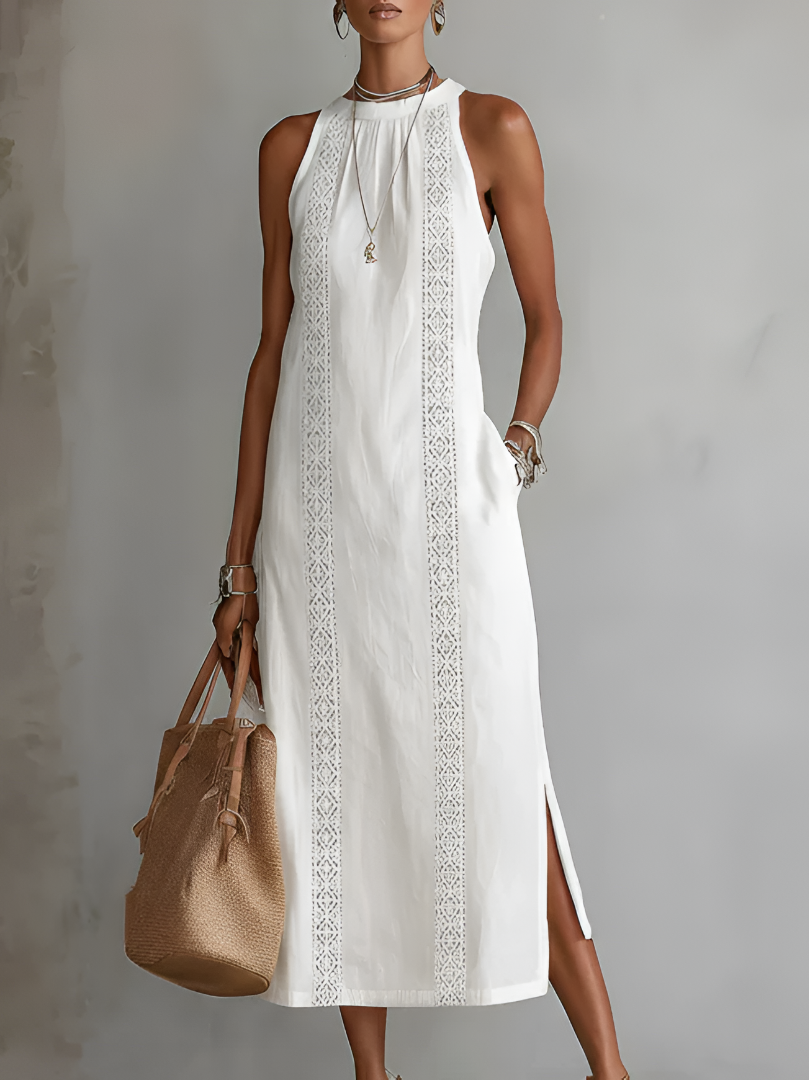 Jimena | Vestido Midi de Lino con Cuello Mao