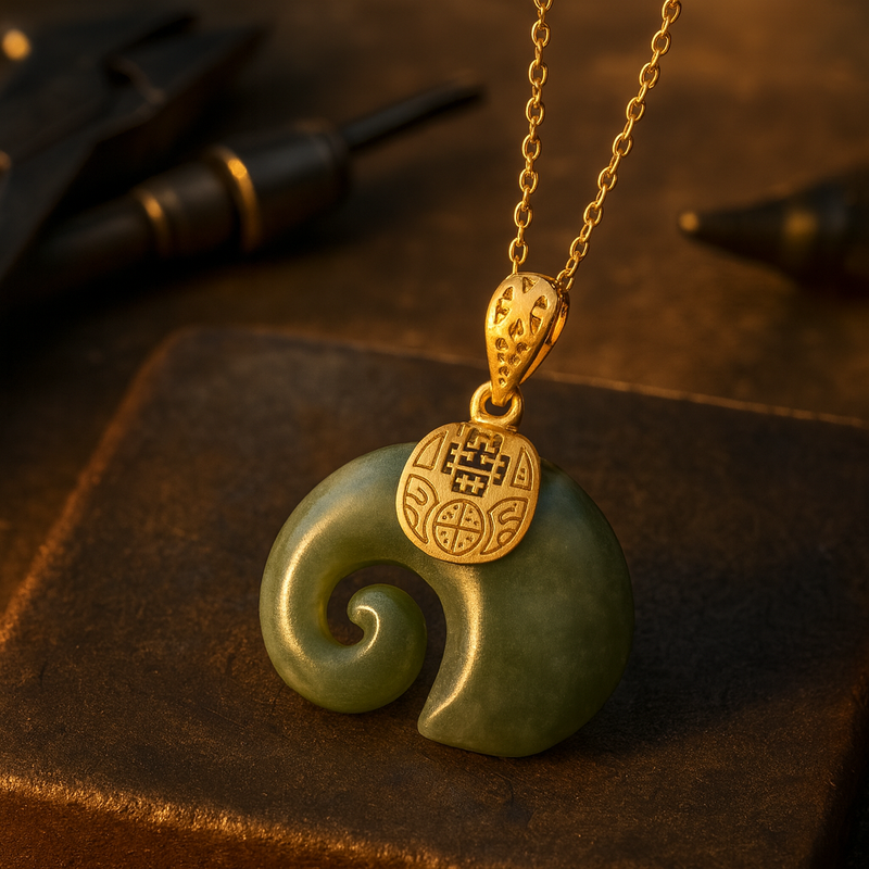 Collar Colgante Éléphant en Jade de Hetian - Chaîne Plaqué oro 18 Carats para Mujer