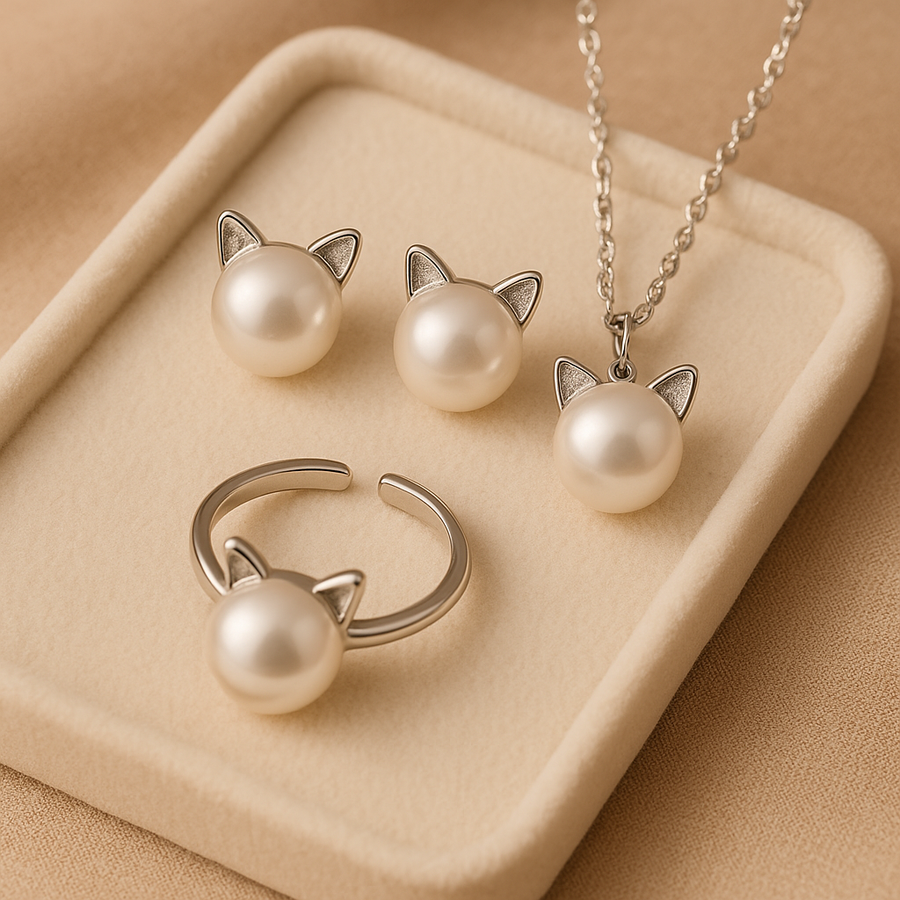 Hermoso Collar Gato con Perlas y Aretes + Anillo de regalo