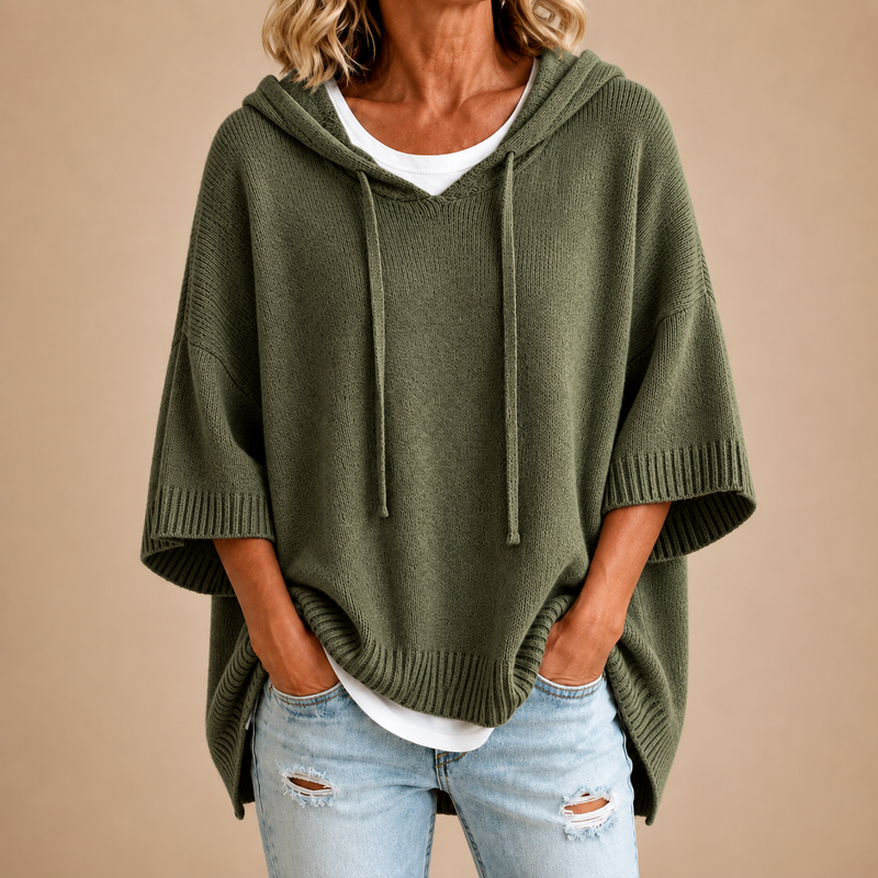 Poncho de Punto con Capucha en Verde Militar