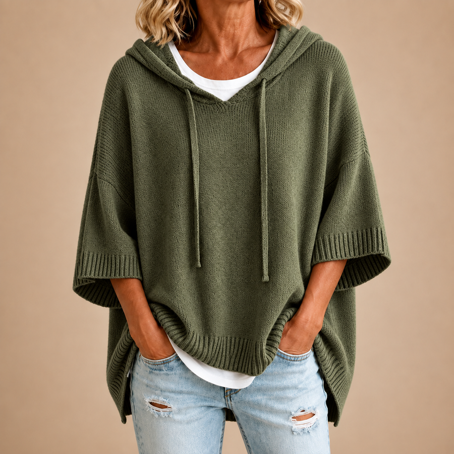 Poncho de Punto con Capucha en Verde Militar