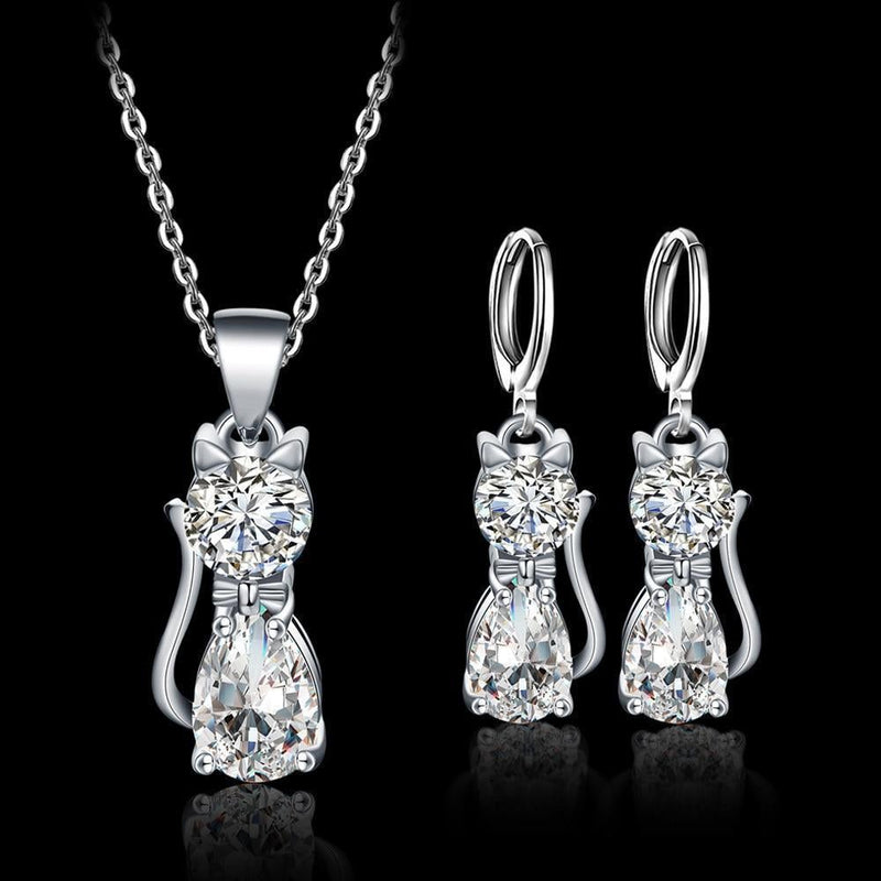 Set de joyería Collar + Aretes Gatos Heureux en Plata de ley y Zirconia Blanco Poli