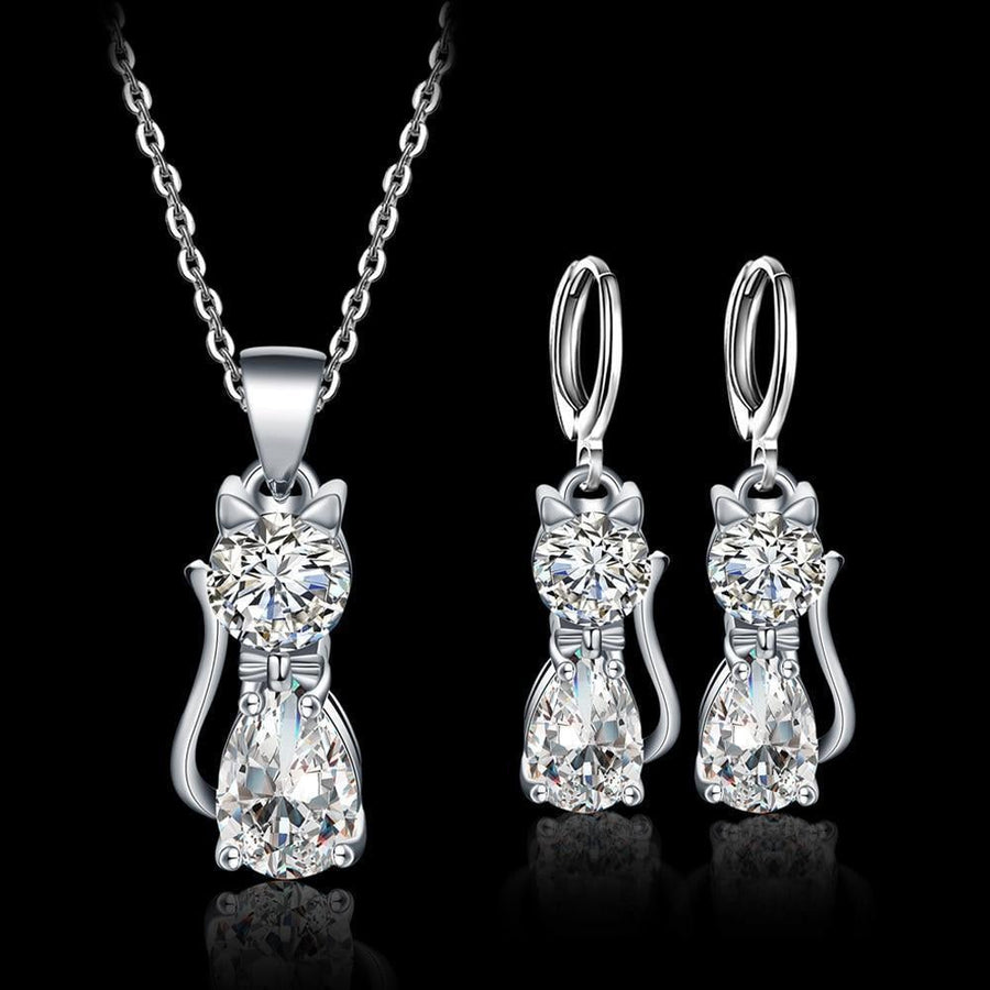 Set de joyería Collar + Aretes Gatos Heureux en Plata de ley y Zirconia Blanco Poli