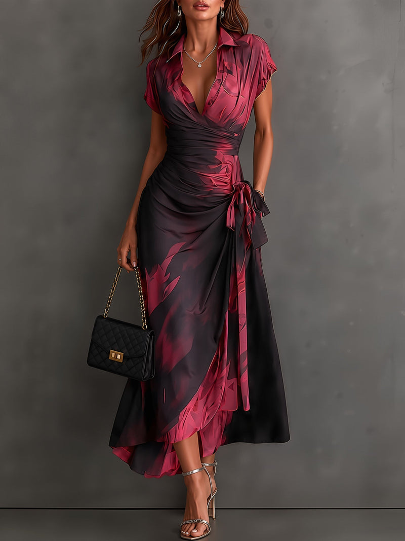 Beatrice | Vestido Cruzado Midi Estampado Abstracto Vino Tinto