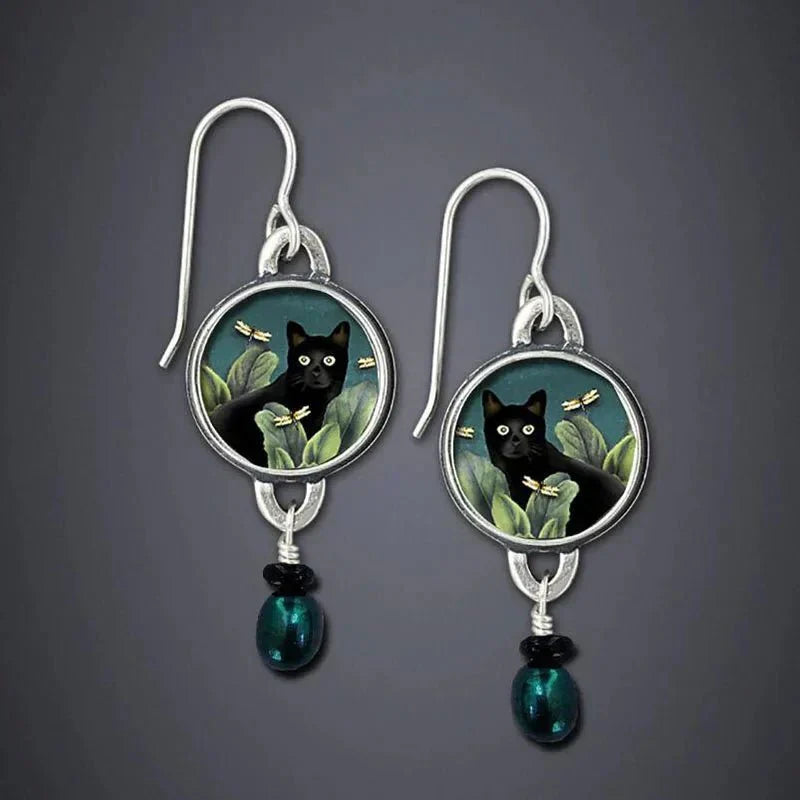 Aretes Colgantees vintage Gato Negro Tropical