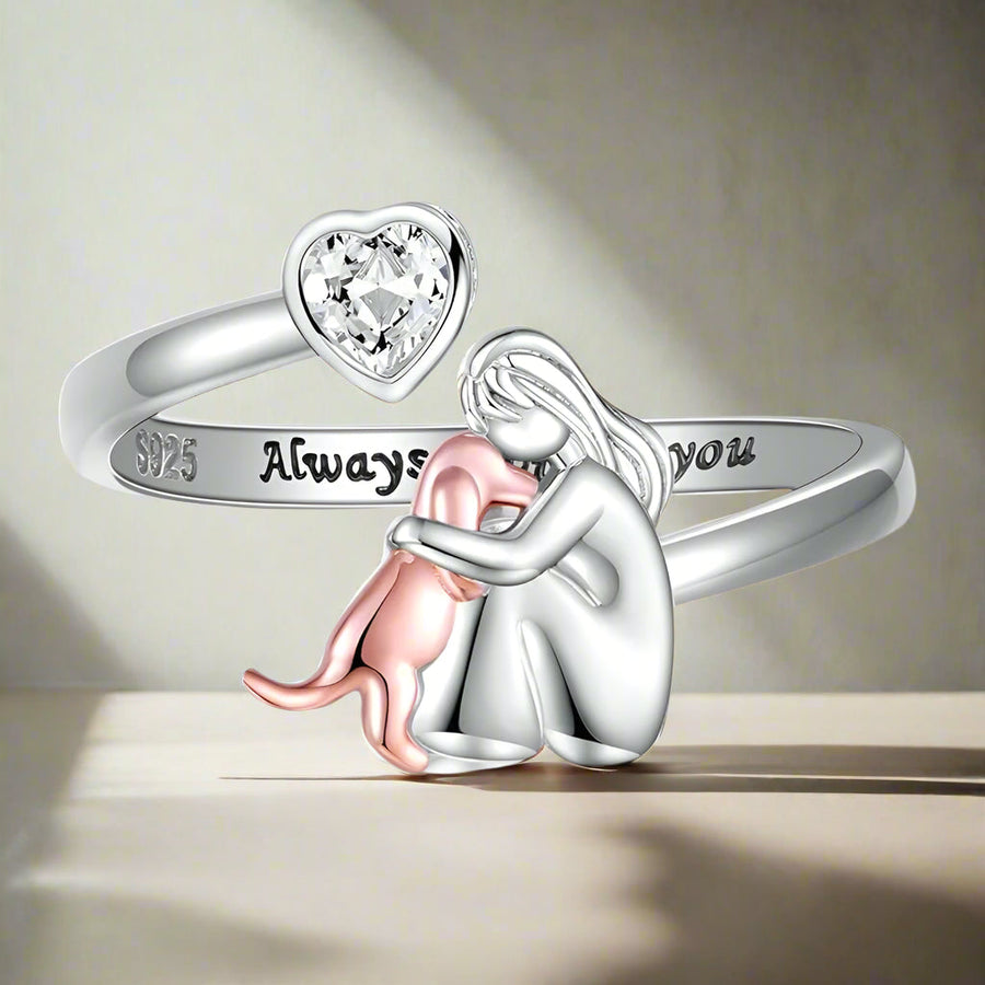 Anillo ajustable para perro en plata de ley 925 - Siempre en mi corazón con zirconia